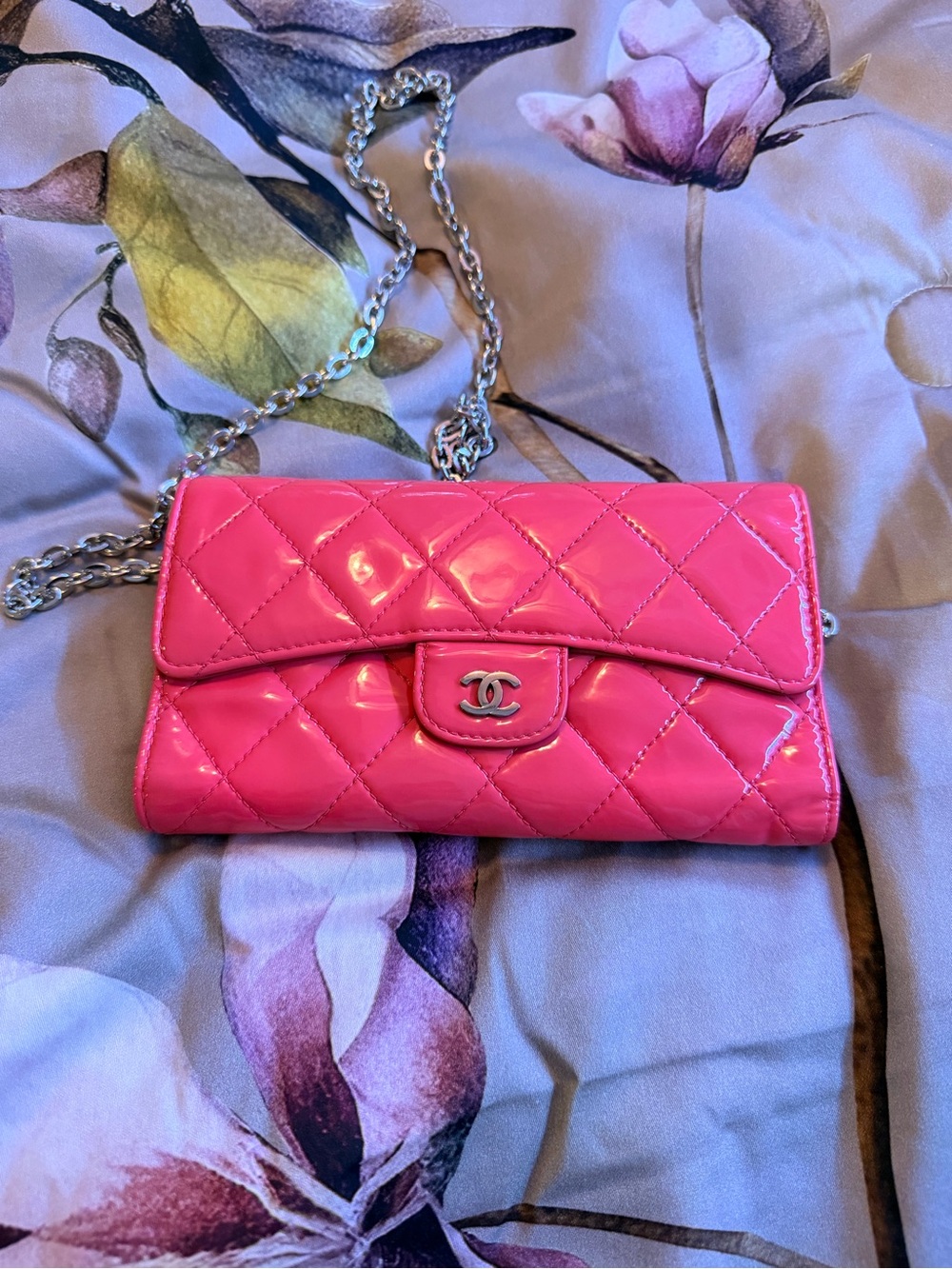 CHANEL Hot Pink Quilted Patent Leather Crossbody Wallet with Silver Chain